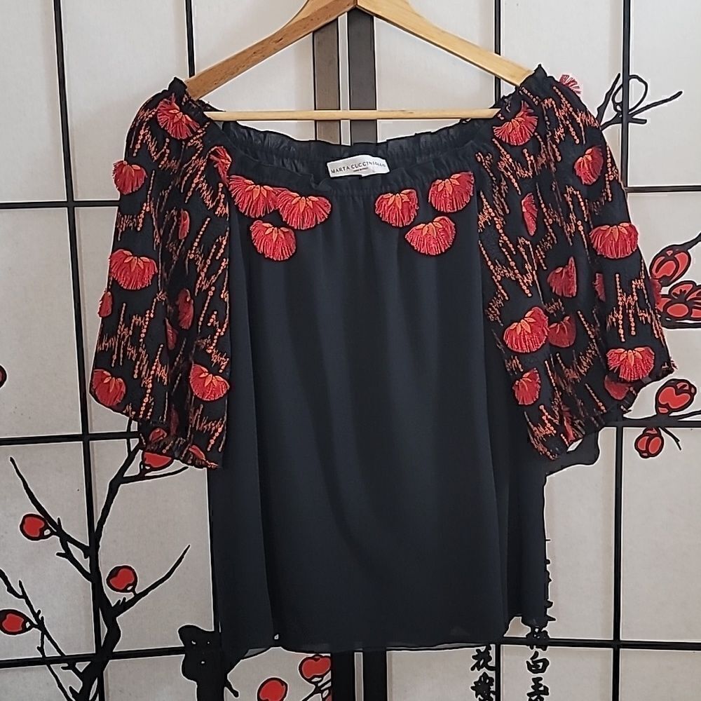 Marta Cucciniello Gorgeous black Embroidered appliqued Sleeve top.